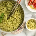 Pesto Spaghetti in small bowl and pot.