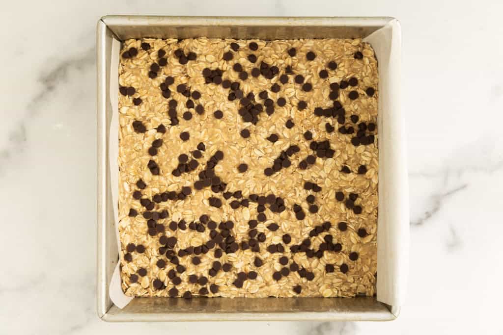 Pan filled with Chewy Chocolate Chip Granola Bars.
