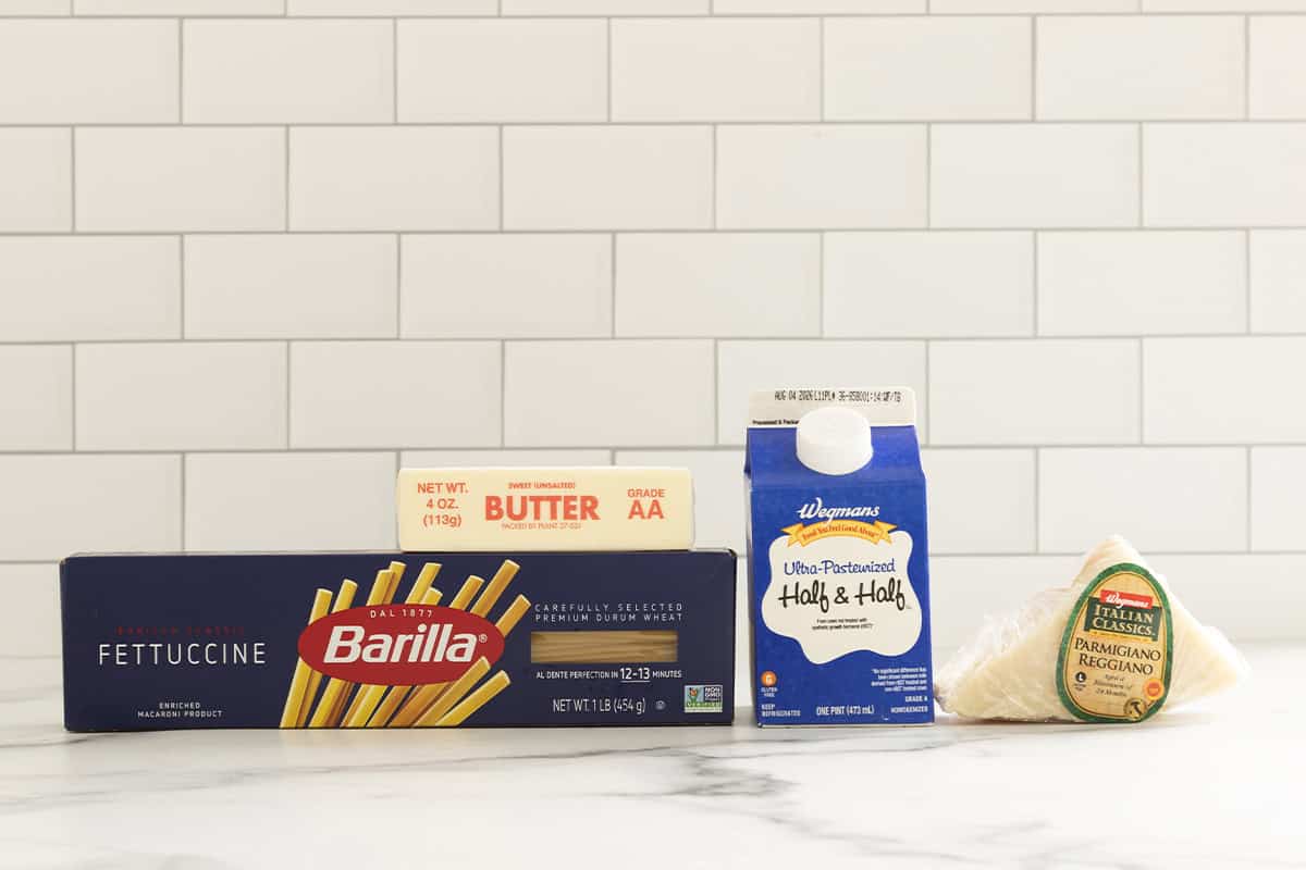 Ingredients for parmesan noodles on countertop.