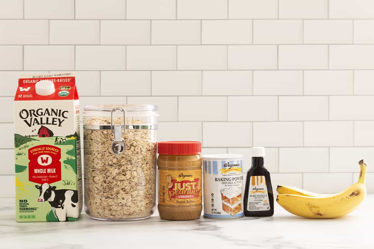Ingredients for peanut butter oatmeal bars on countertop.
