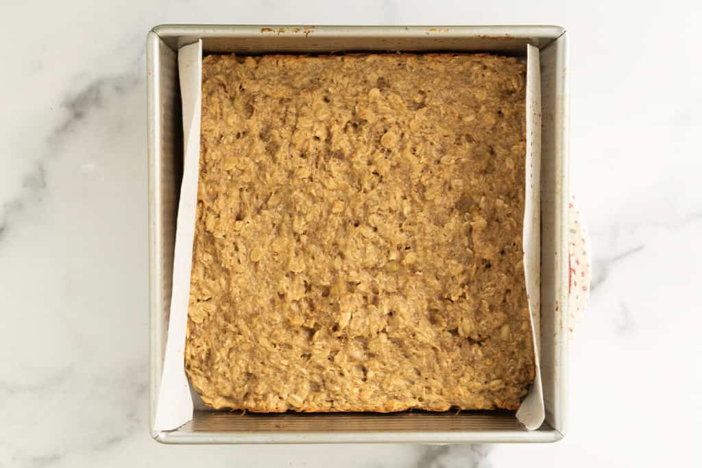 Peanut butter oatmeal bars in pan after baking.