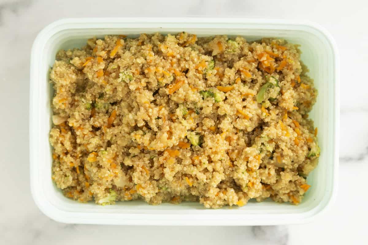 Veggie quinoa in storage container.