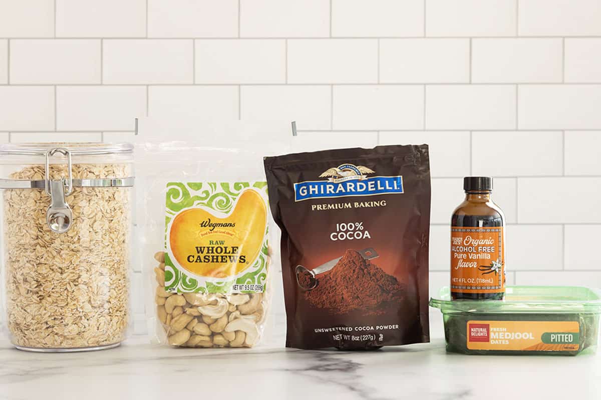 ingredients in chocolate bliss balls on counter.