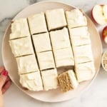Pieces of apple oatmeal cake on plate with apple and oats on side.
