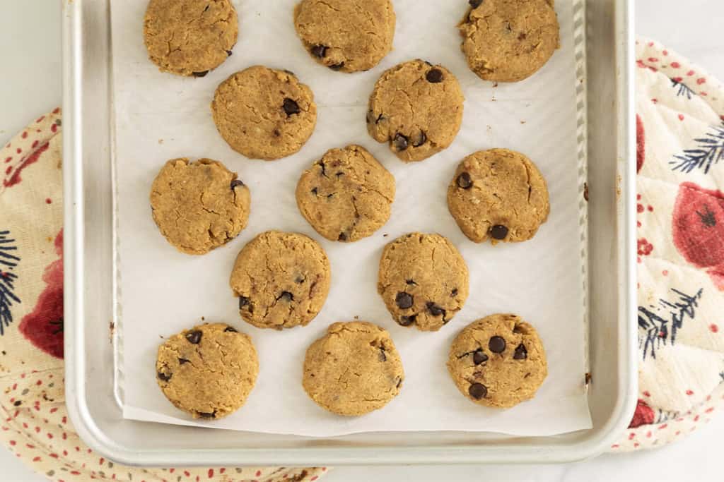 Chickpea cookies on baking sheet.