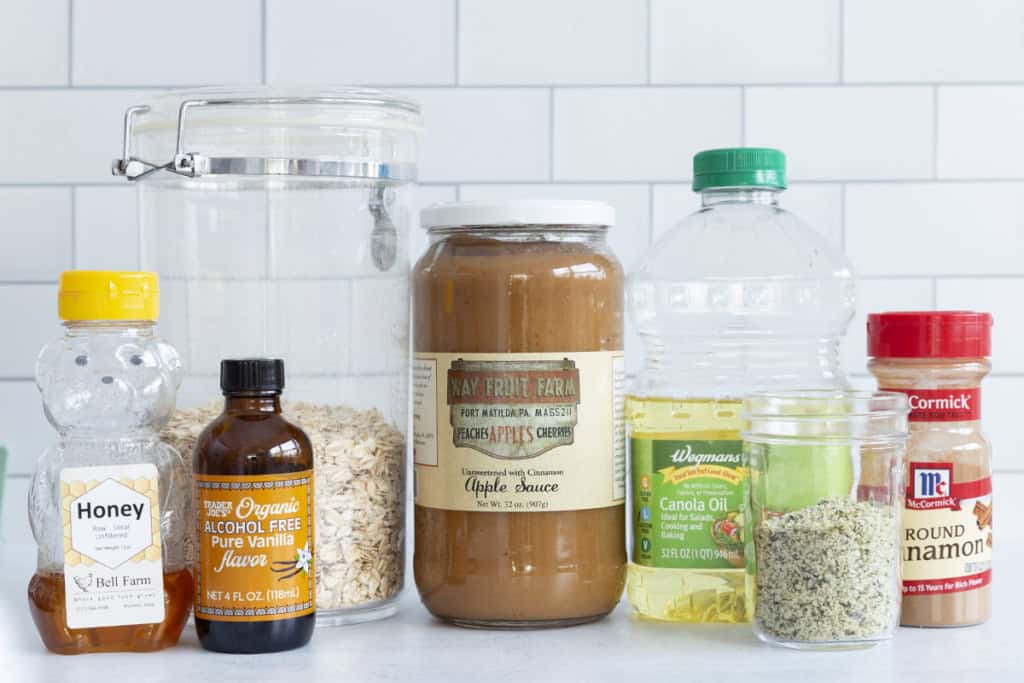 Ingredients for lower sugar granola on countertop.