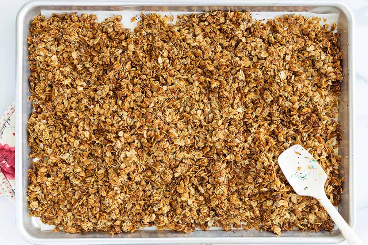 Lower sugar granola on pan after baking.
