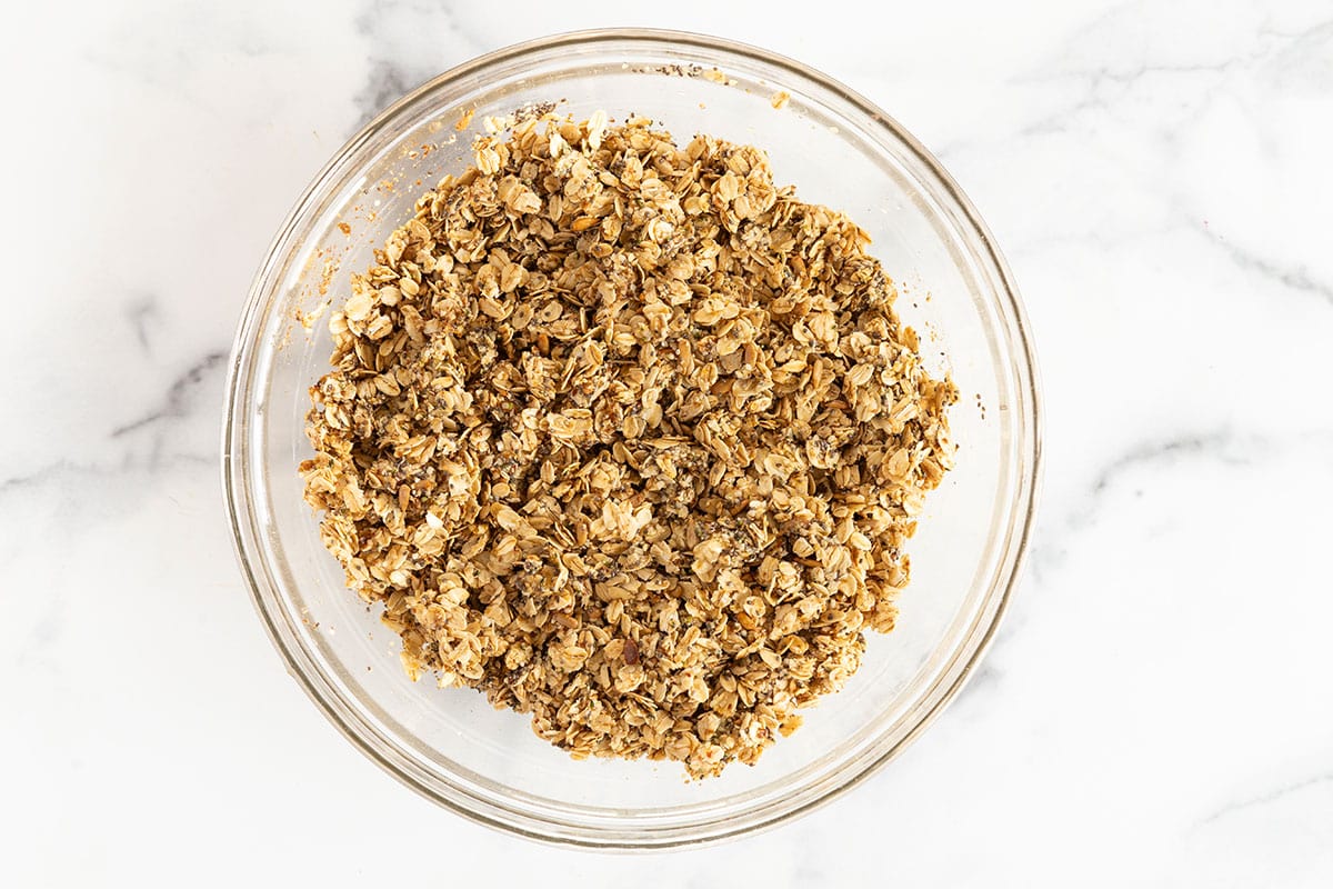 Lower sugar granola in glass bowl.