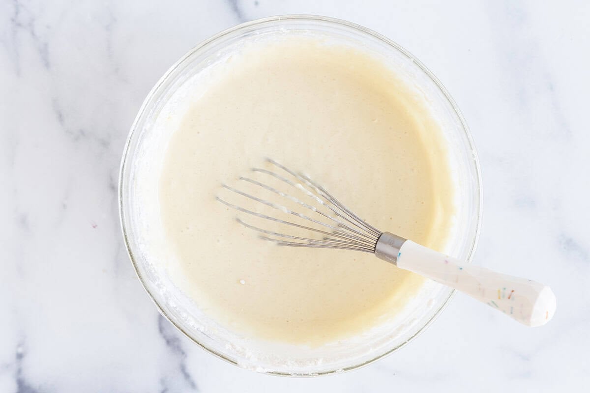 batter for mini waffles in mixing bowl.