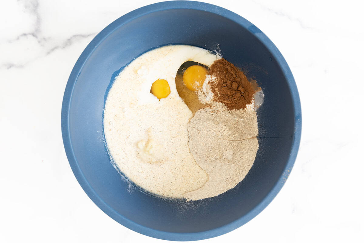 Buckwheat pancake ingredients in a bowl before mixing.