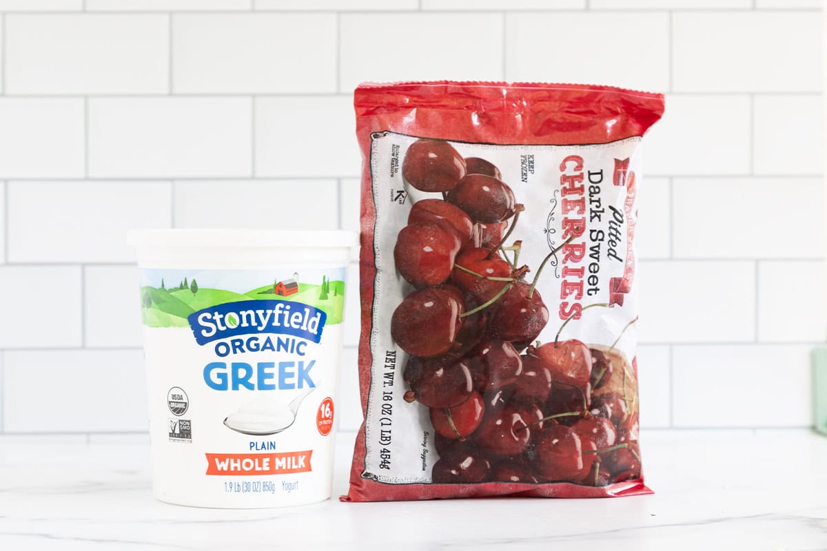 Greek yogurt and frozen cherries for homemade frozen yogurt.