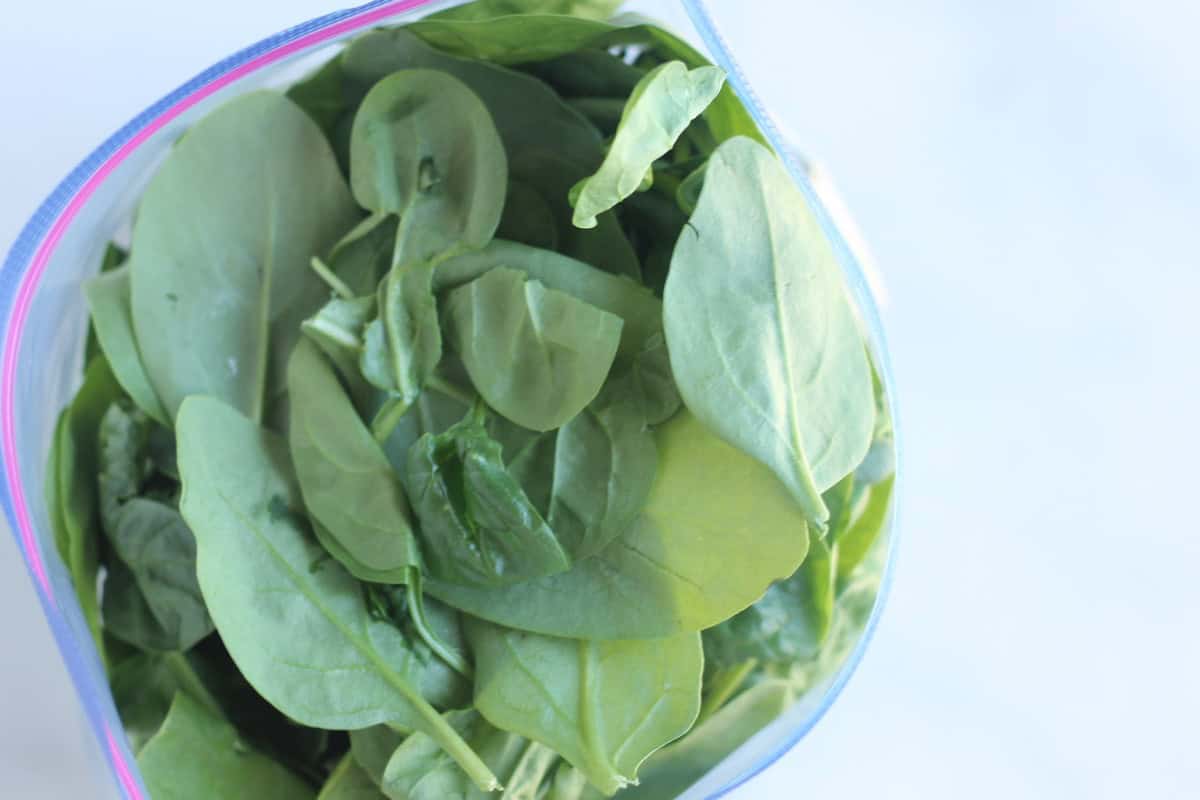 Fresh spinach in a freezer bag.