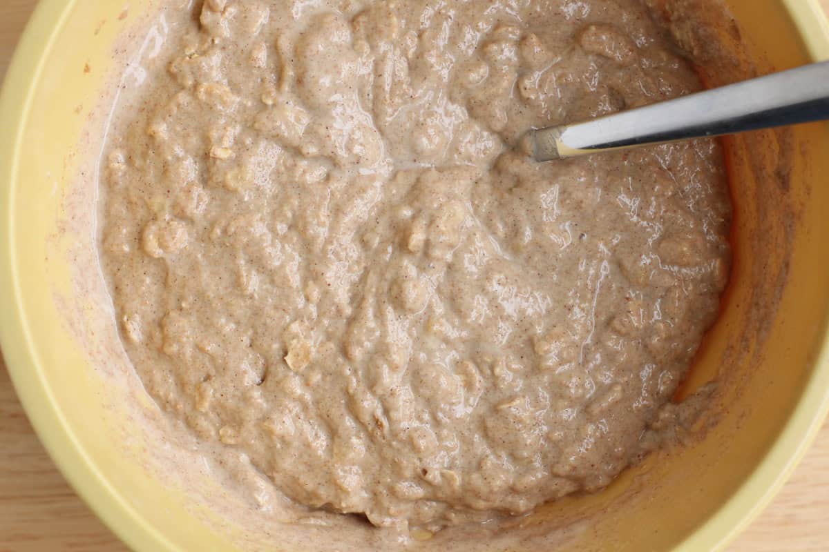 Banana muffin batter in a bowl.