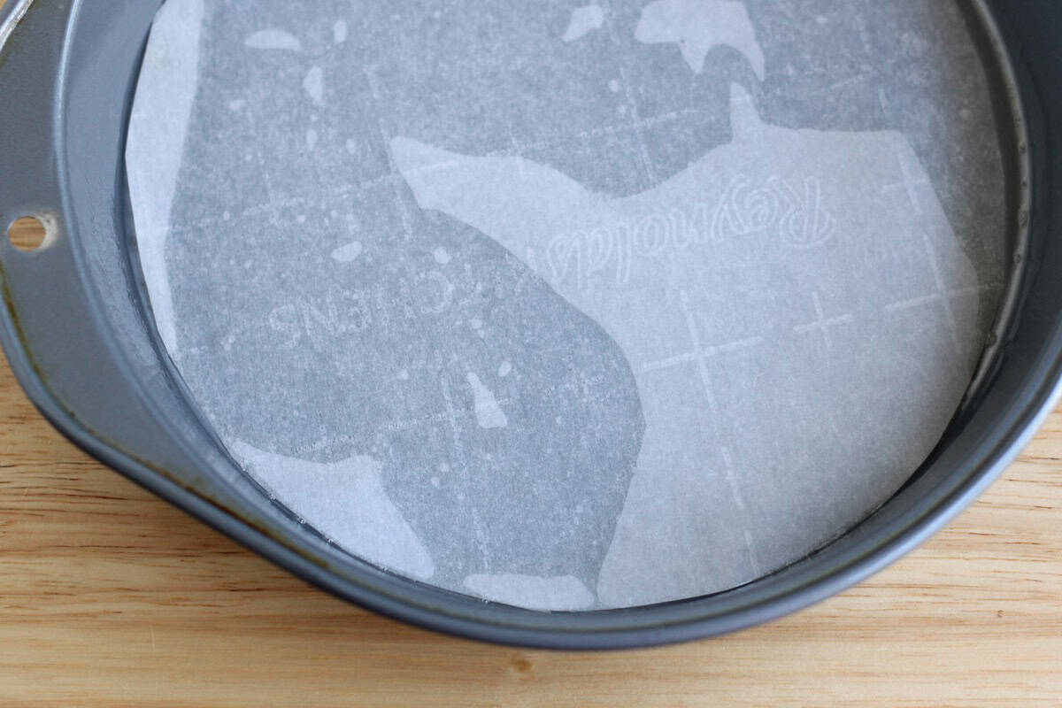 Round cake pans lined with parchment paper.