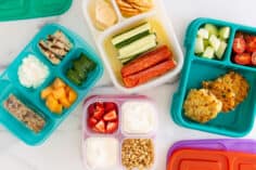four lunch boxes on counter.