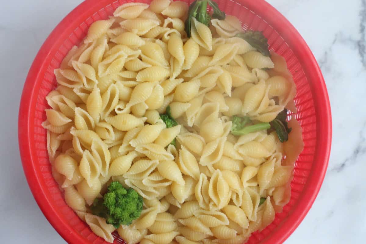 Cooked pasta and broccoli in a colander.