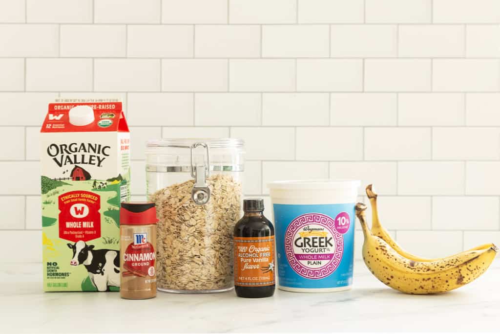 Ingredients for banana overnight oats on a countertop.