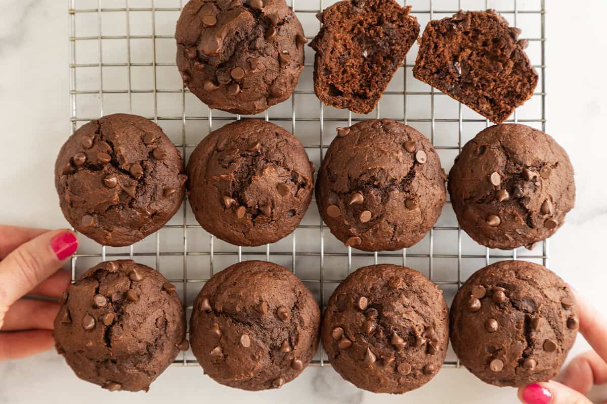 Chocolate pumpkin muffins on a cooling rack, including one split open.