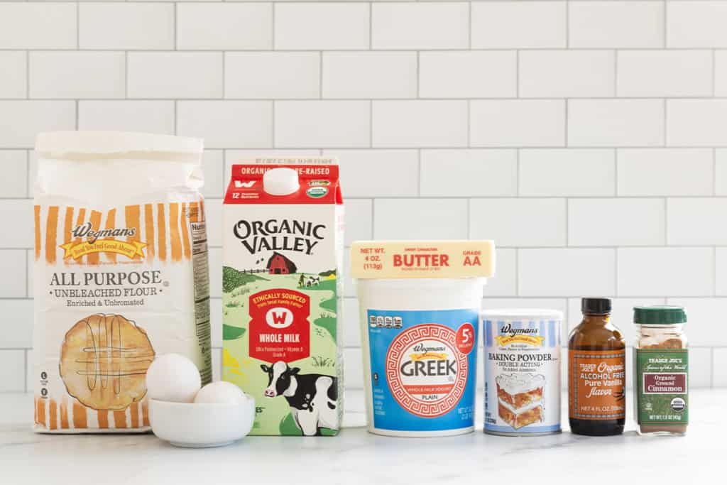 Ingredients on countertop for cinnamon swirl pancakes.