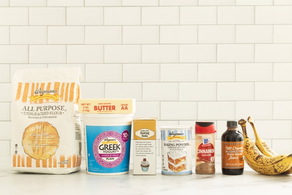 Ingredients on countertop for Eggless banana muffins.