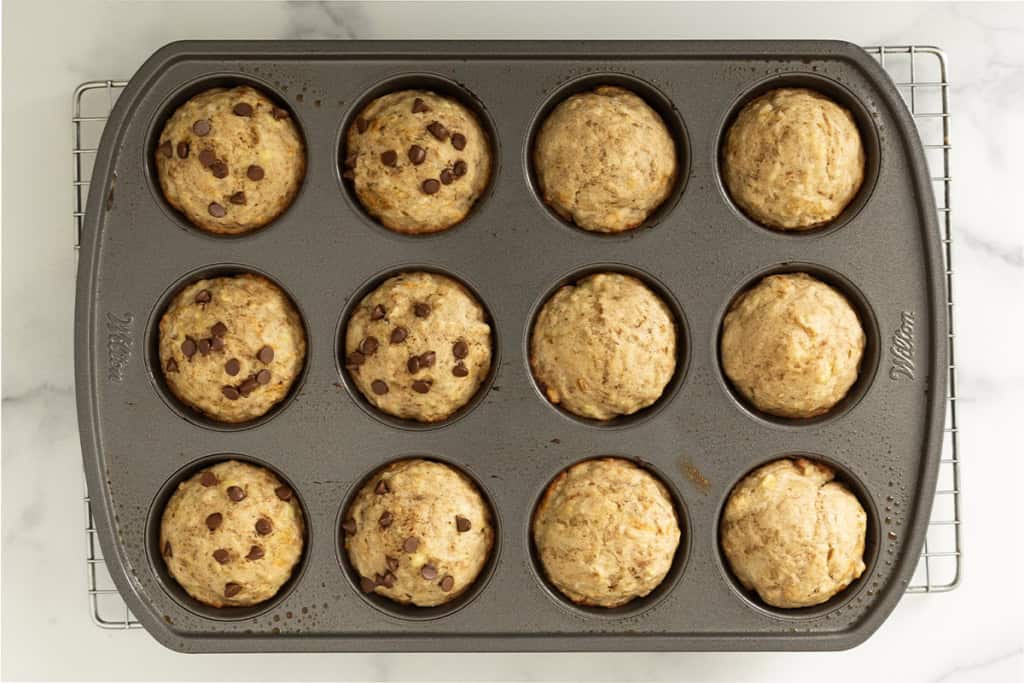 Eggless banana muffins in muffin pan after baking.