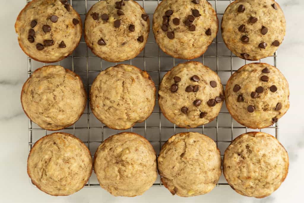 Eggless banana muffins on cooling rack.