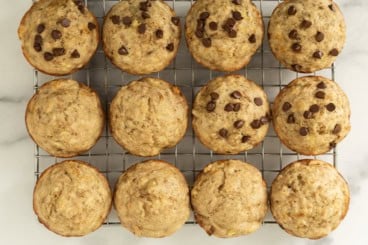 eggless banana muffins on cooling rack.