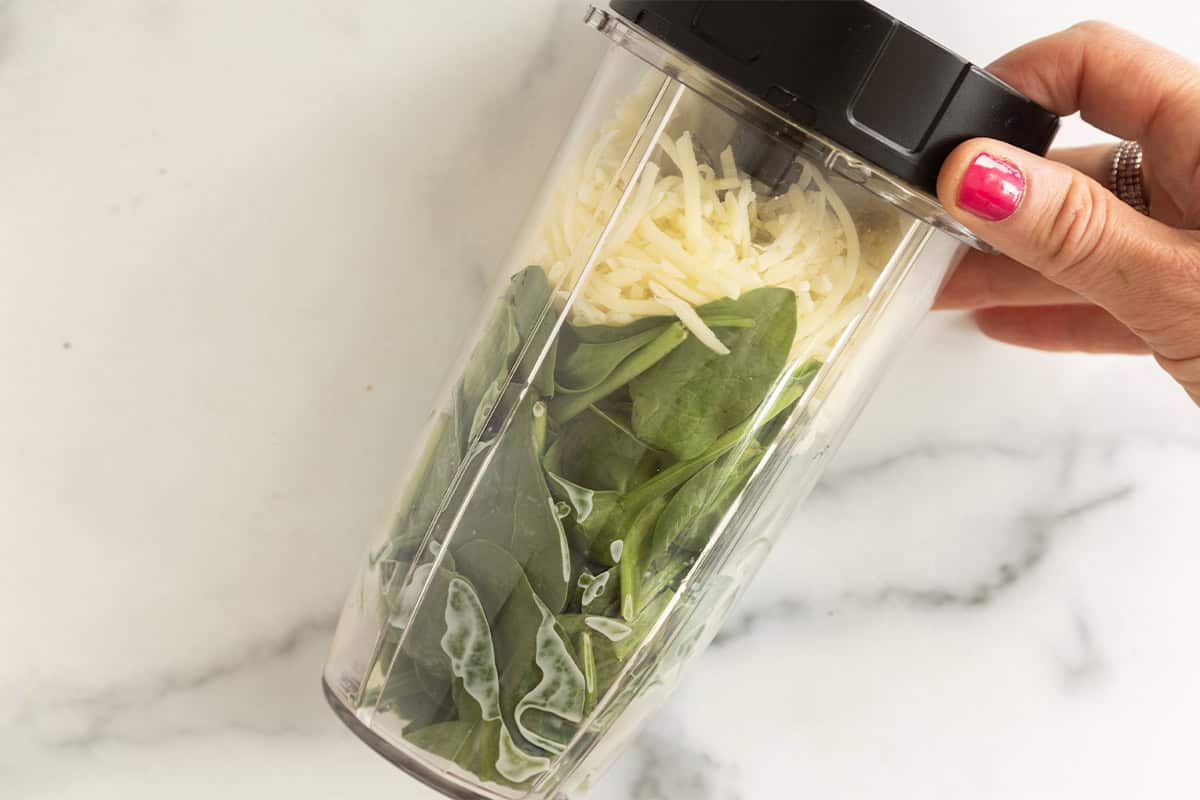 Spinach, shredded cheddar cheese, and milk in a blender cup.