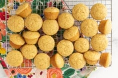 Mini vanilla muffins cooling on a wire rack.